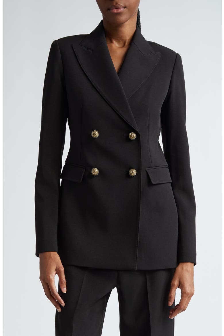 Crystal Button Stretch Cady Blazer, Main, color, BLACK