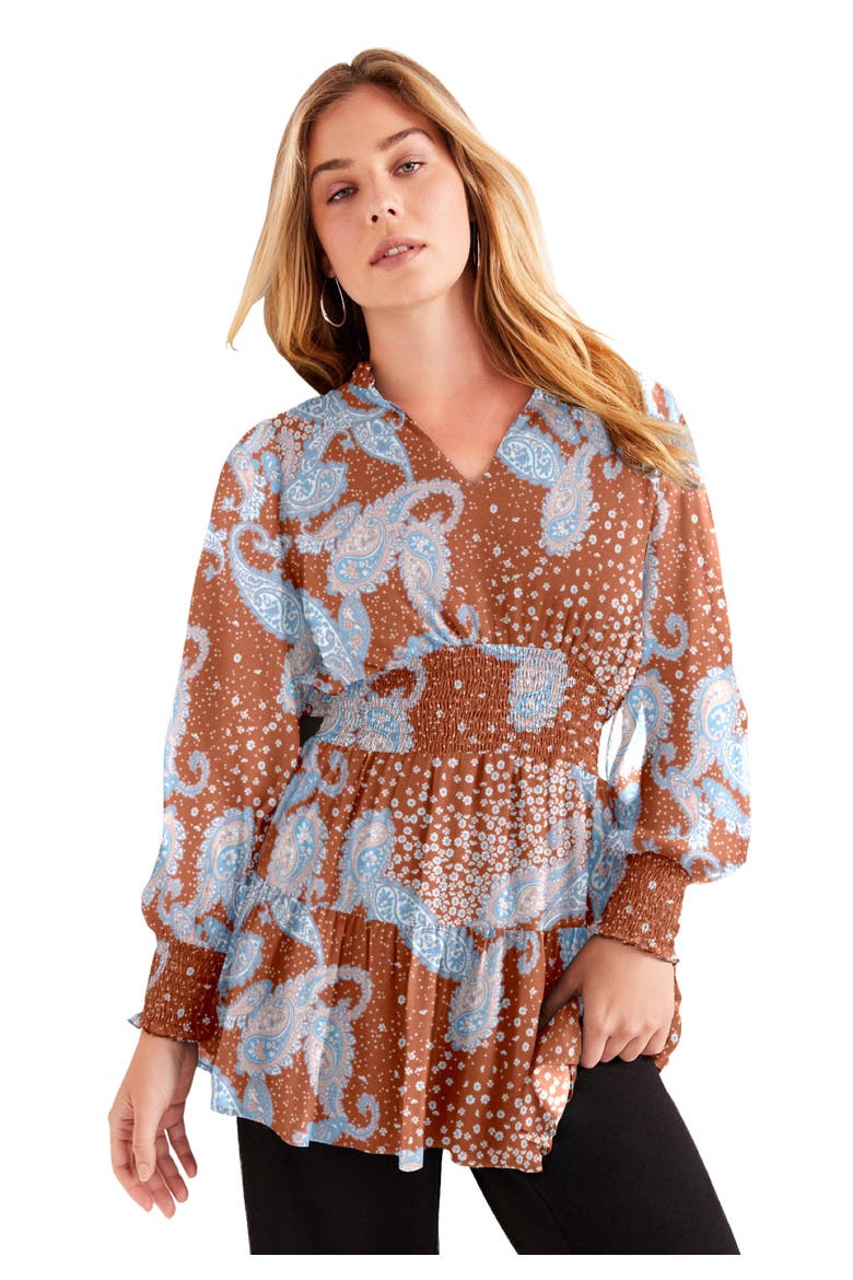 Smocked Georgette Tunic, Main, color, FALL PAISLEY COPPER