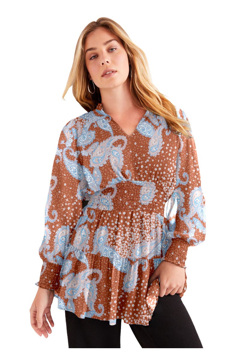 June + Vie Smocked Georgette Tunic, Main, color, Fall Paisley Copper