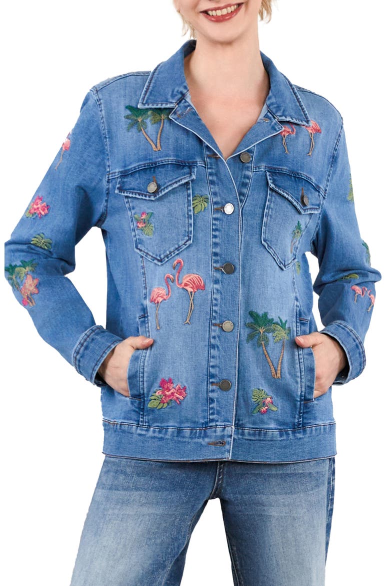 Flamingo Embroidery Denim Trucker Jacket, Main, color, DENIM