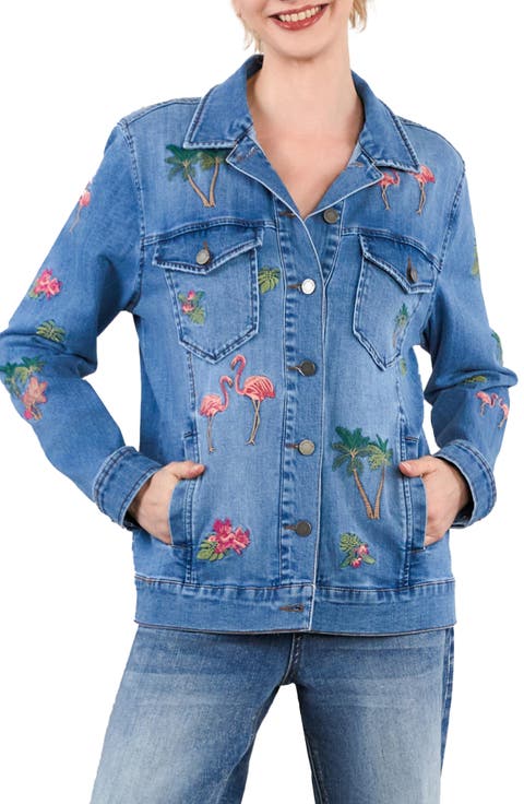 Flamingo Embroidery Denim Trucker Jacket