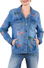 Billy T Flamingo Embroidery Denim Trucker Jacket