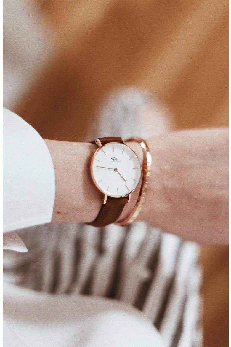 Classic Petite Leather Strap Watch, 32mm, Alternate, color, BROWN/ WHITE/ ROSE GOLD