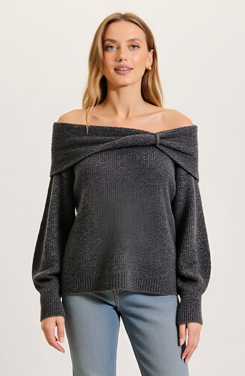 Modenaire Off-shoulder Sweater With Twisted Foldover Neckline And Balloon Sleeves In Black