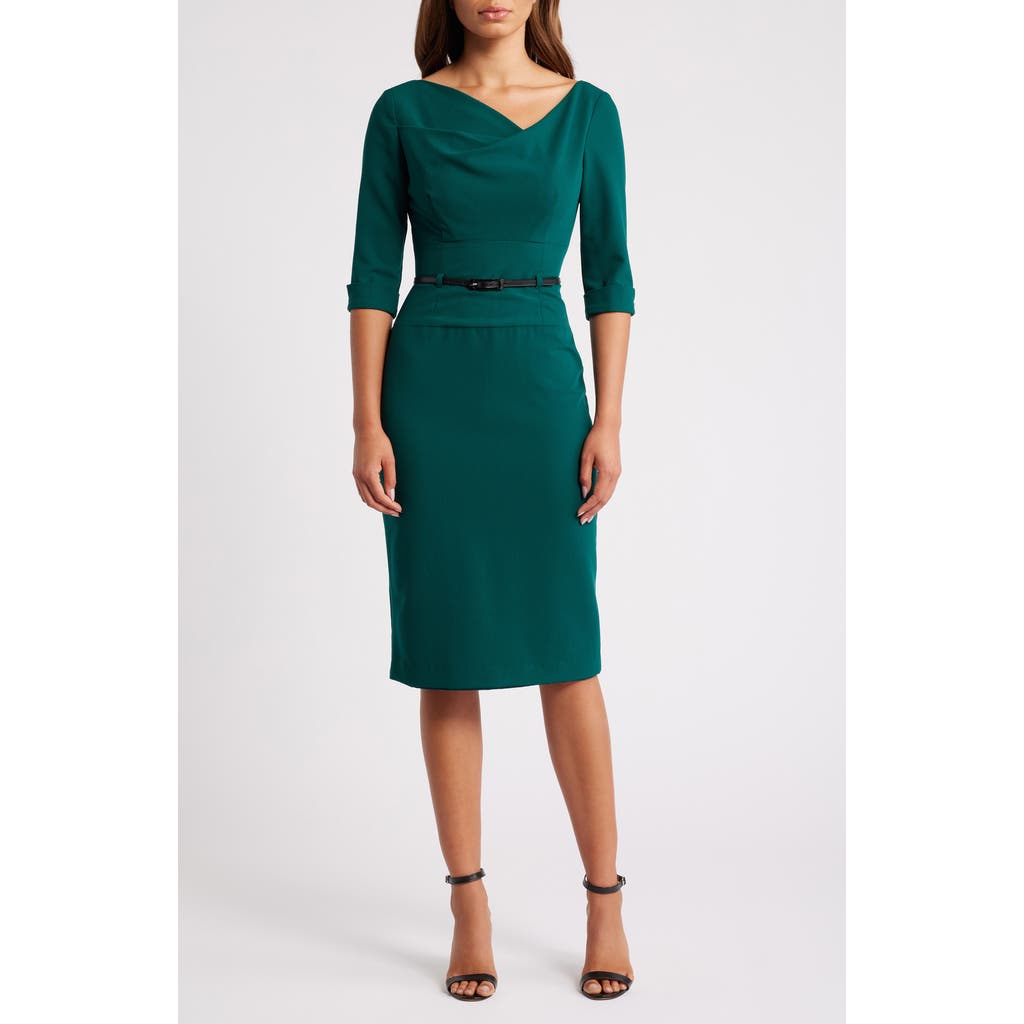 Black Halo Belted Drape Neck Sheath Dress in Garden