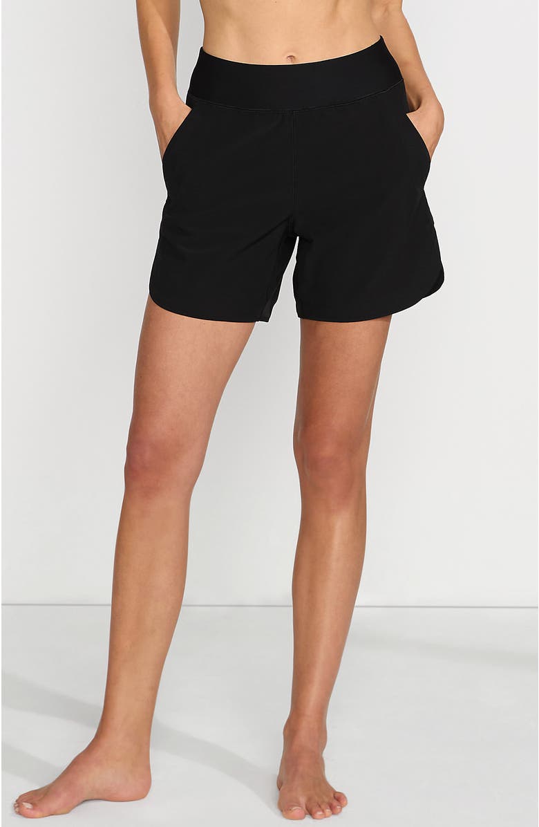 Lands' End Curvy Fit 5" Quick Dry Board Shorts Swim Shorts with Panty, Main, color, Black