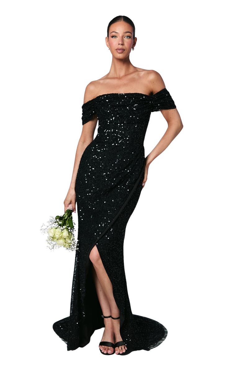 Coast Sequin Bardot Maxi Bridesmaid Dress, Main, color, Black