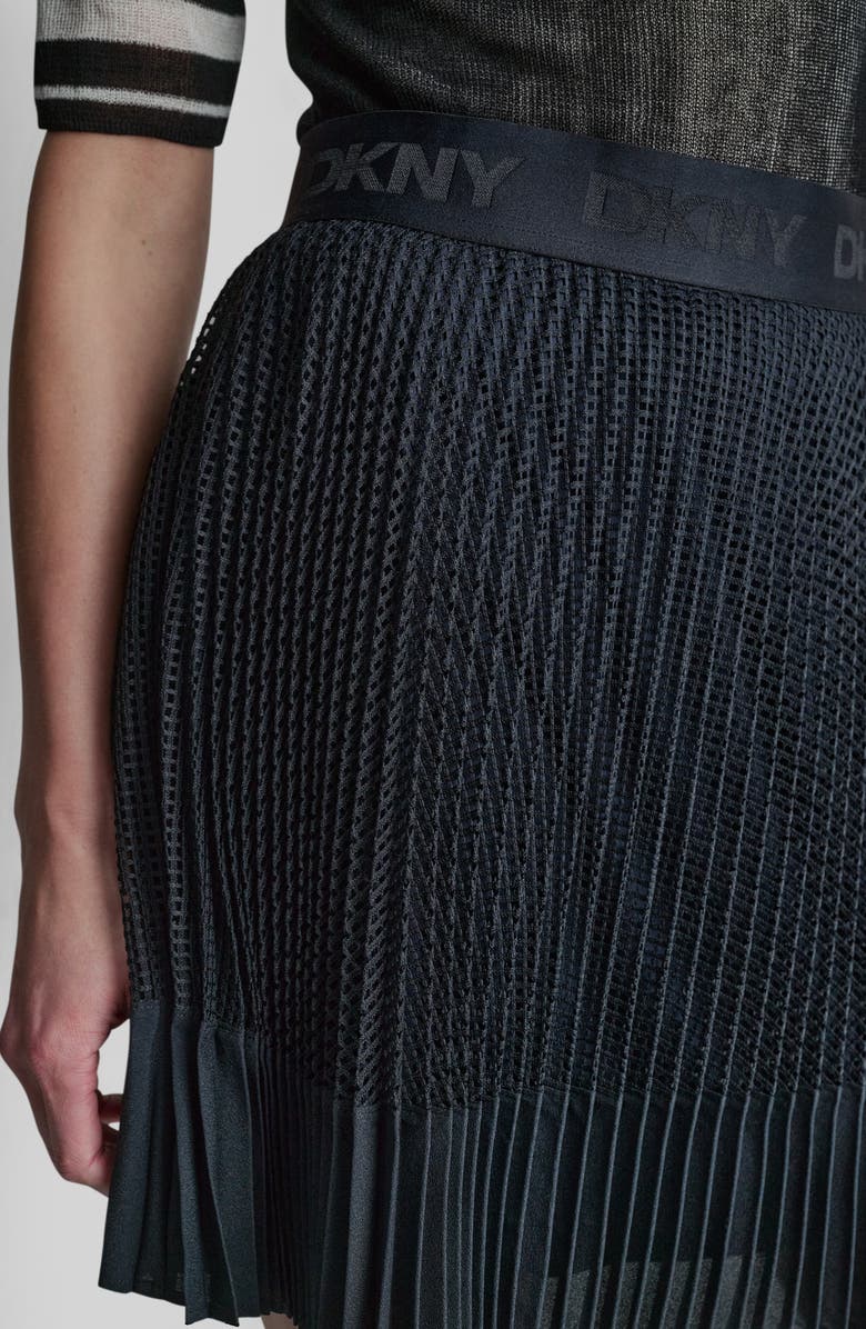 DKNY Logo Band Mixed Media Pleated Miniskirt, Alternate, color, Navy