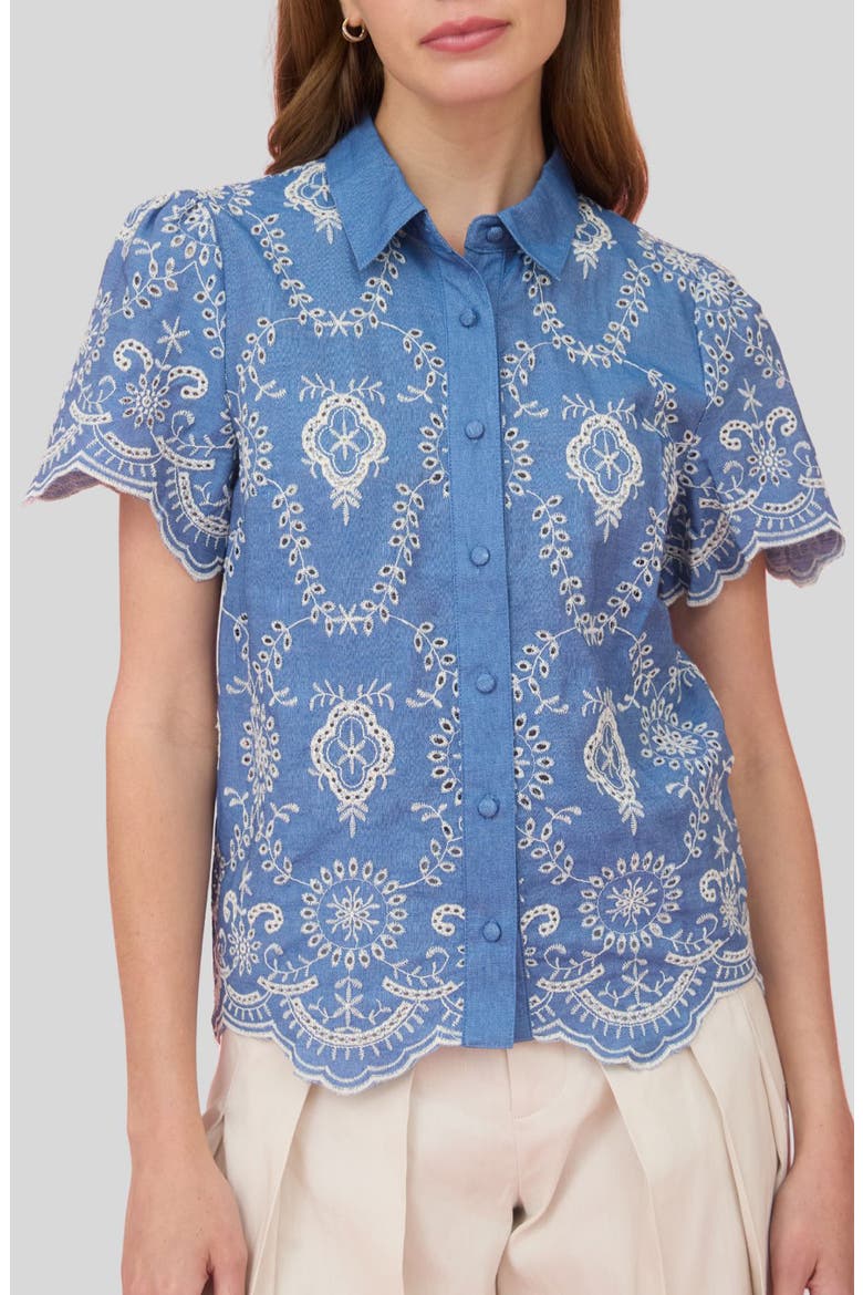 Embroidered Eyelet Cotton Button-Up Top, Main, color, BLUE