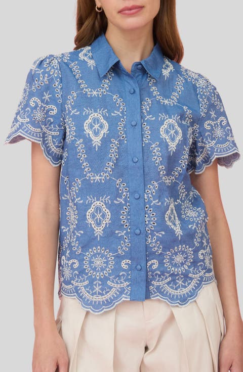 Embroidered Eyelet Cotton Button-Up Top
