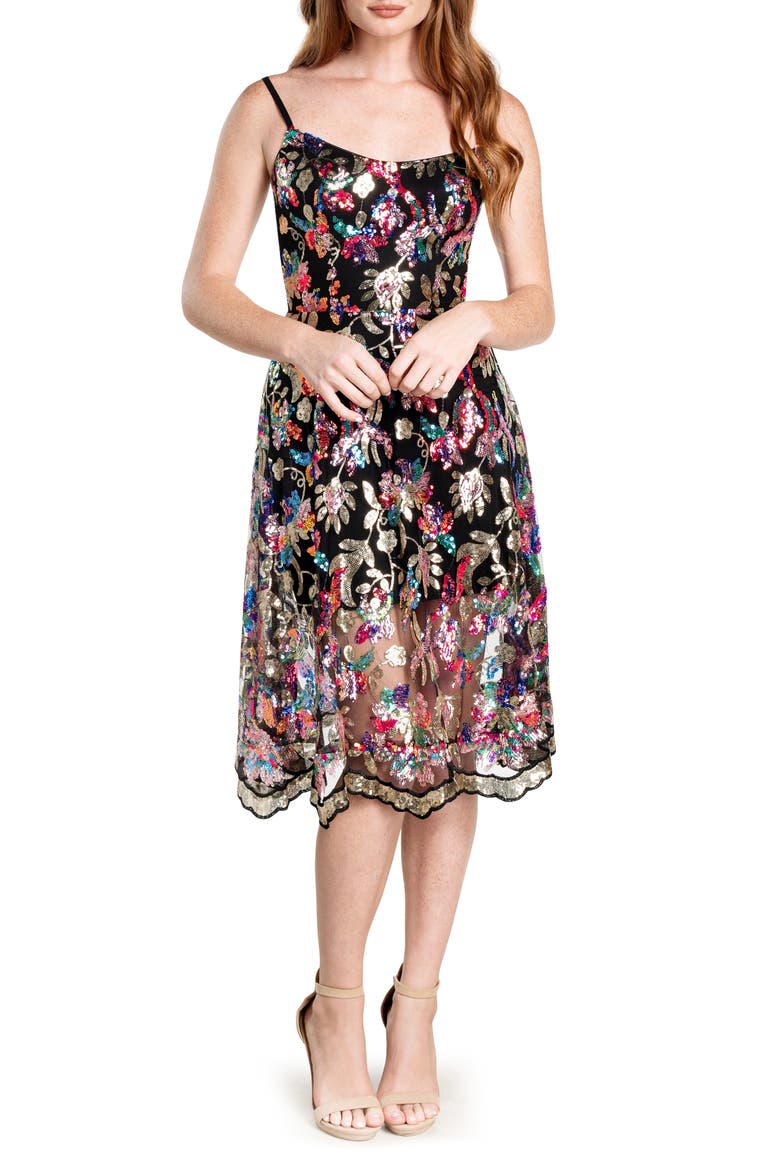 Uma Sequin Fit & Flare Dress, Main, color, GOLD MULTI