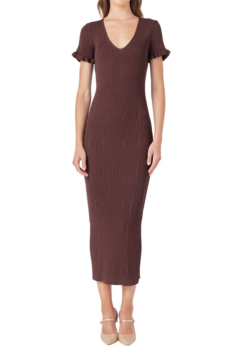 Ruffle Cuff Knit Midi Dress, Alternate, color, CHOCOLATE BROWN