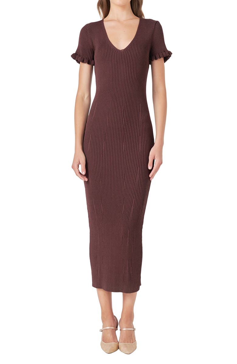 Endless Rose Ruffle Cuff Knit Midi Dress, Alternate, color, Chocolate Brown