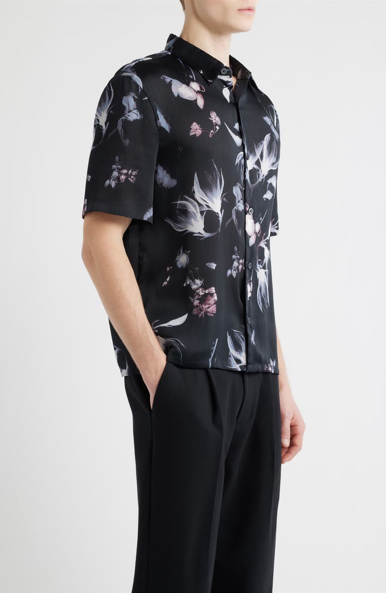 Open Edit Oversize Floral Short Sleeve Silk Button-Up Shirt, Alternate, color, Black Incandescent Floral
