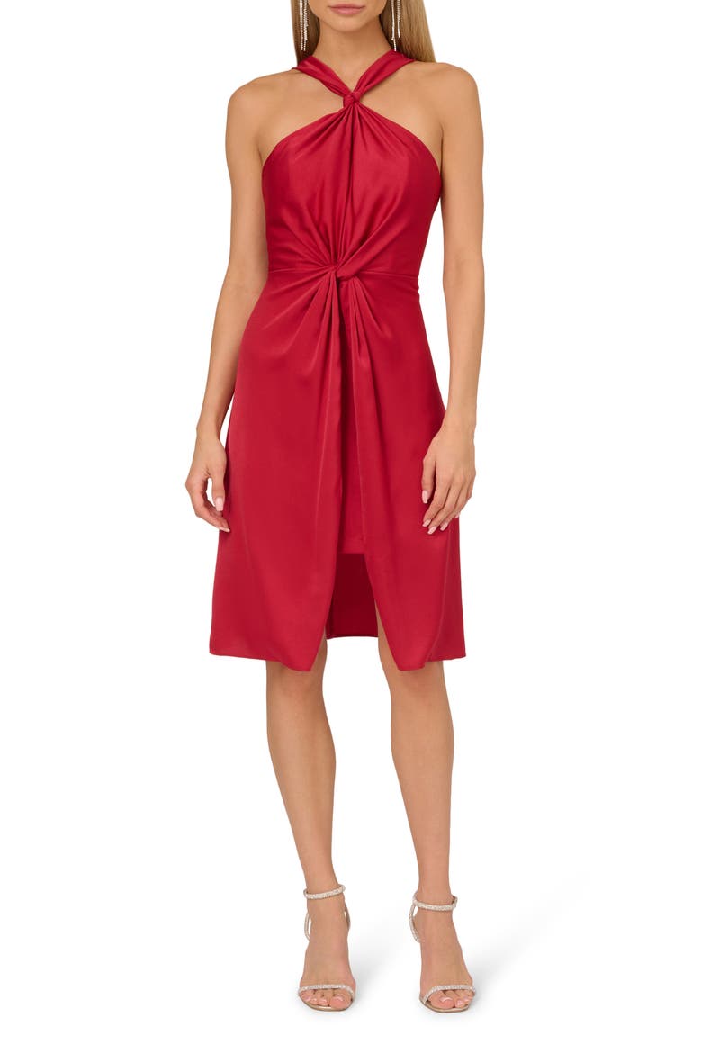 Twisted Front Halter Neck Cocktail Dress, Main, color, CRIMSON