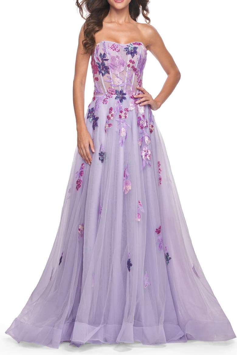 Strapless A-Line Gown with Multi Color Sequin Lace Detail, Main, color, Lavender