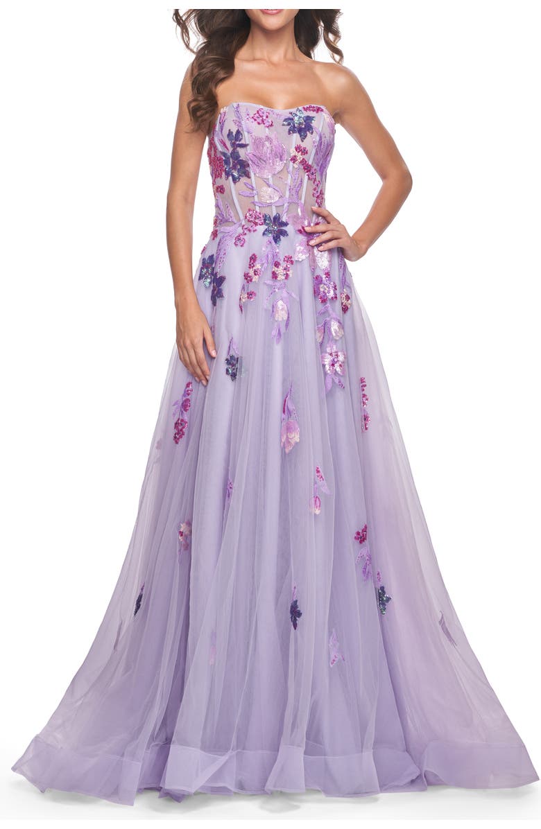 La Femme Strapless A-Line Gown with Multi Color Sequin Lace Detail, Main, color, Lavender