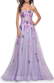 La Femme Strapless A-Line Gown with Multi Color Sequin Lace Detail