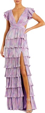 Mac Duggal Ruffle Tiered Criss Cross Lace Up Gown