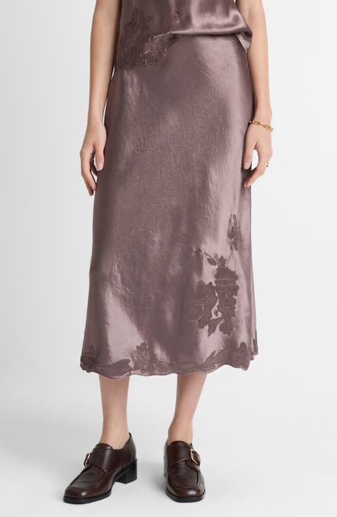 Embroidered Satin Maxi Slip Skirt
