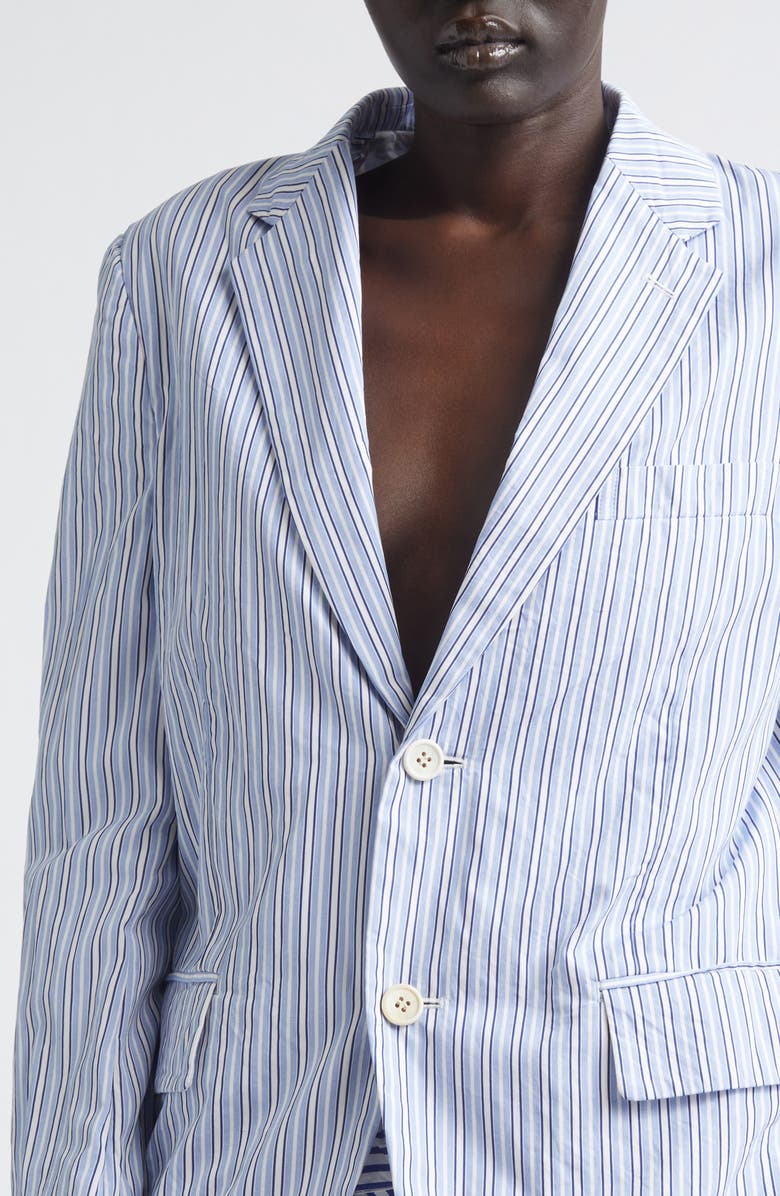 Comme des Garçons Comme des Garçons Stripe Ruffle Hem Single Breasted Cotton Blazer, Alternate, color, Sax/ White/ Navy