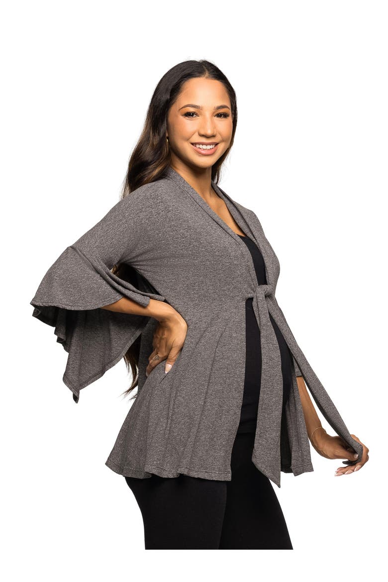 Tie Front Bell Sleeve Cardigan, Alternate, color, Smoke