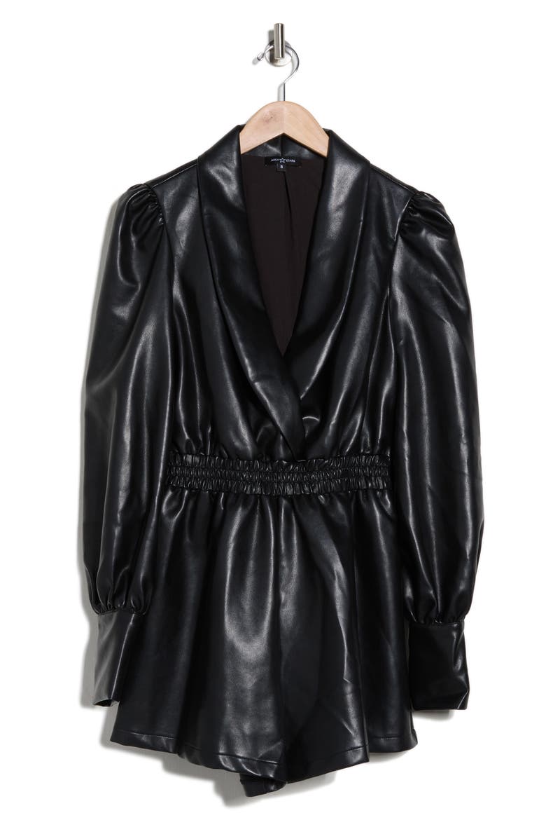 Jade Faux Leather Long Sleeve Romper, Alternate, color, BLACK