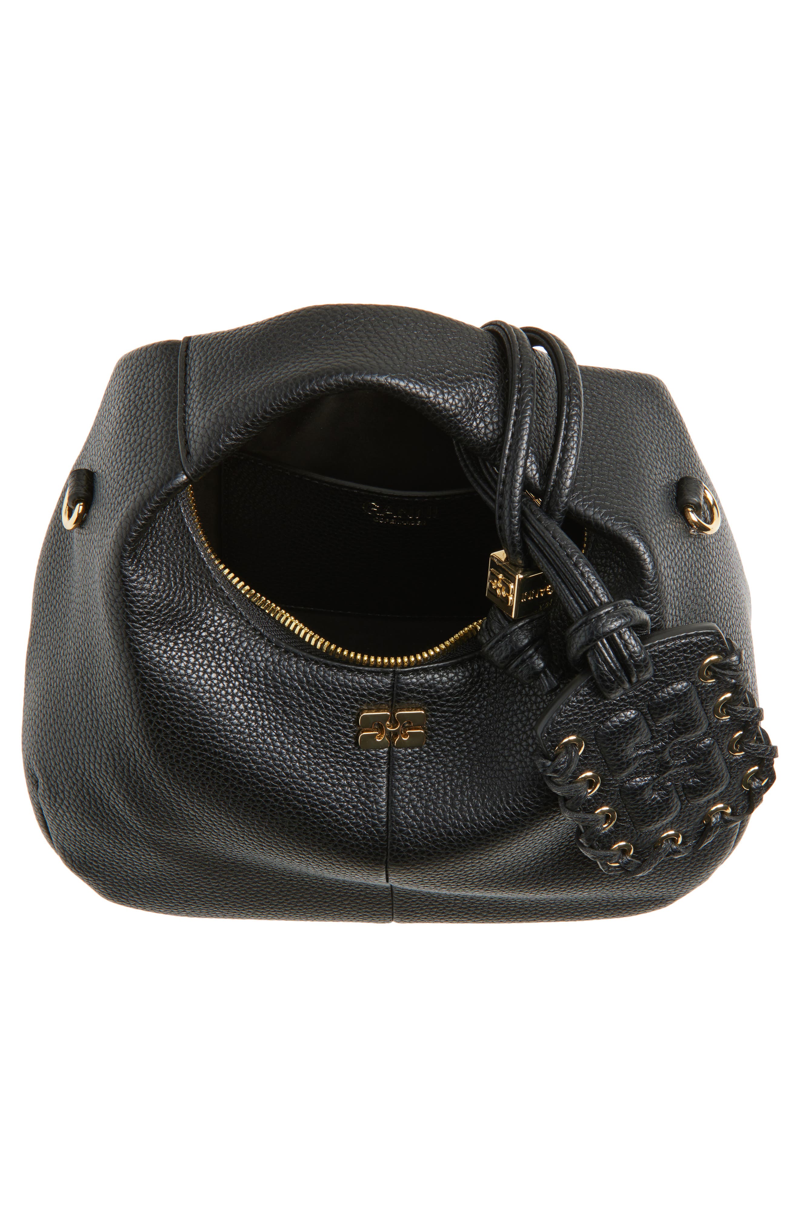 Ganni Mini Hobo Leather Top Handle Bag, Alternate, color, Black