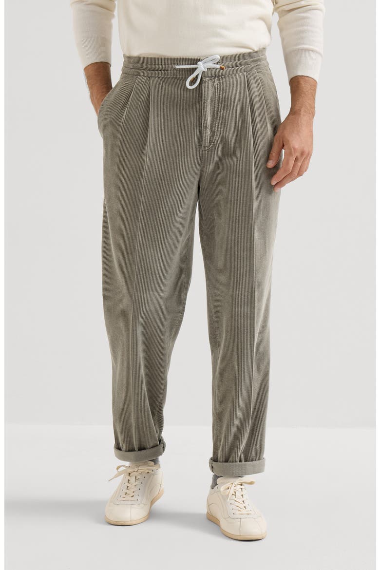 Garment-dyed Trousers In Cotton Corduroy With Drawstring And Double Pleats, Main, color, Brown