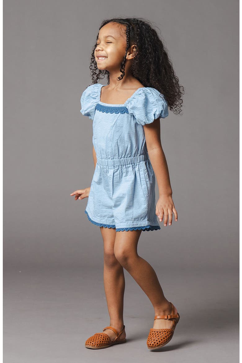 Kids' Organic Puff Sleeve Seersucker Romper, Alternate, color, Bluebell