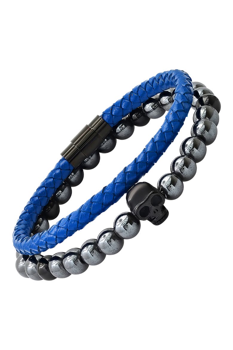 Set of 2 Hematite Beaded & Braided Leather Bracelets, Alternate, color, GRAY-BLACK-BLUE