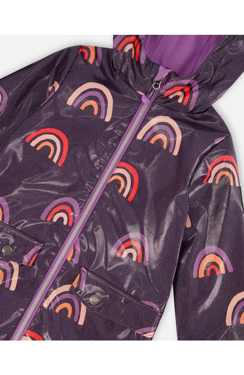 Deux par Deux Girl's Printed Rain Coat With Hat Rainbow On Shiny Background, Alternate, color, 