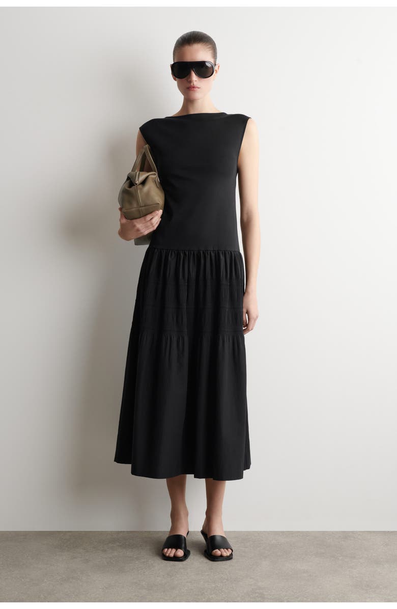 COS Tiered Gathered Midi Dress, Main, color, Black