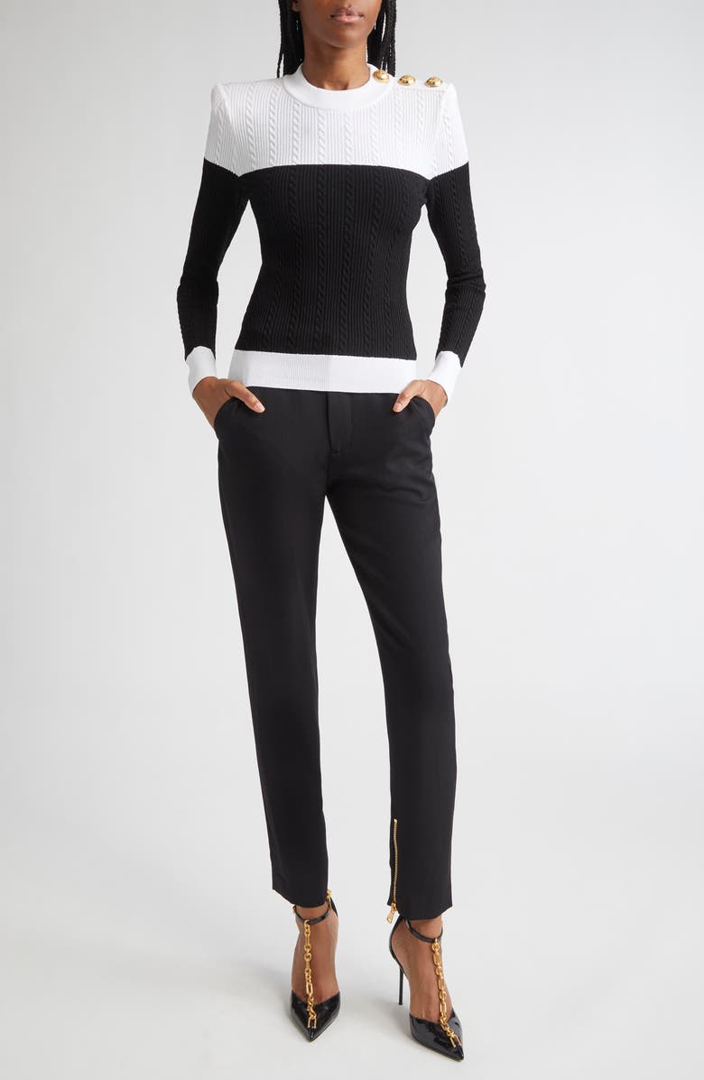 Balmain Twisted Cable Knit Sweater, Alternate, color, Black/ White