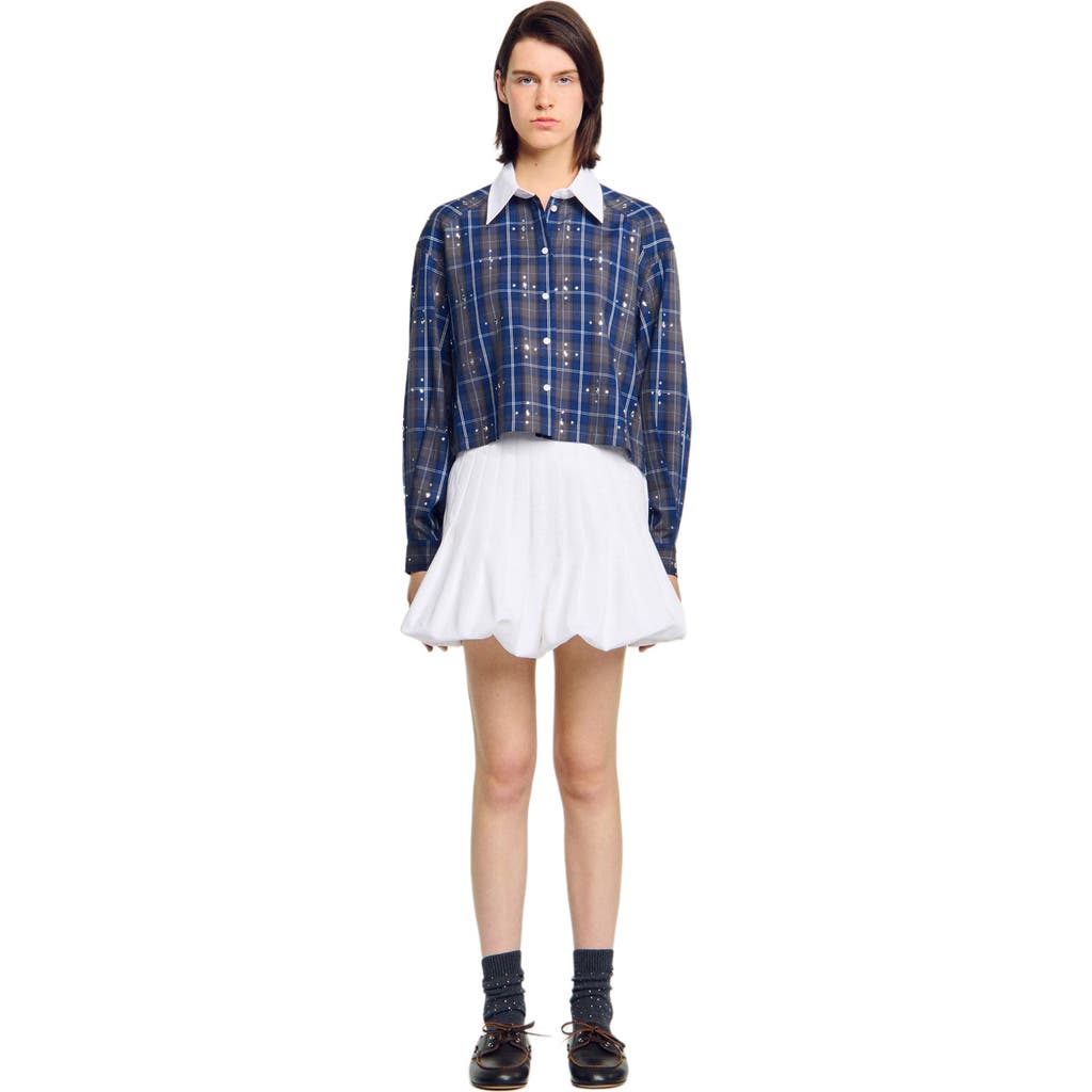 Sandro Womens Blue Rhinestone-embellished Relaxed-fit Checked Cotton Shirt In Blue