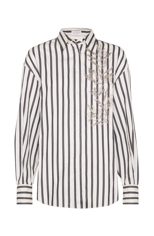 Brunello Cucinelli White Shirt With Floral Embroidery On The Front And All-over Striped Motif In Black