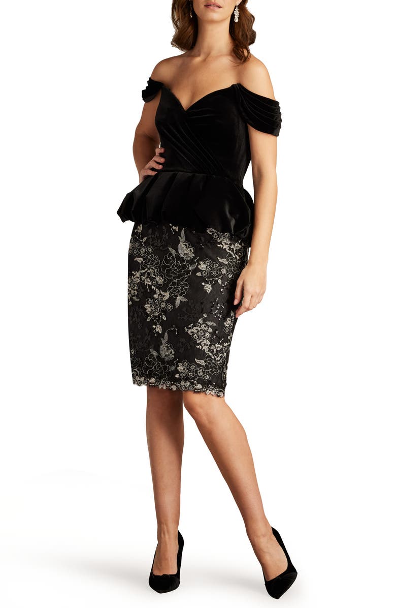 Tadashi Shoji Off the Shoulder Mixed Media Cocktail Dress, Alternate, color, 