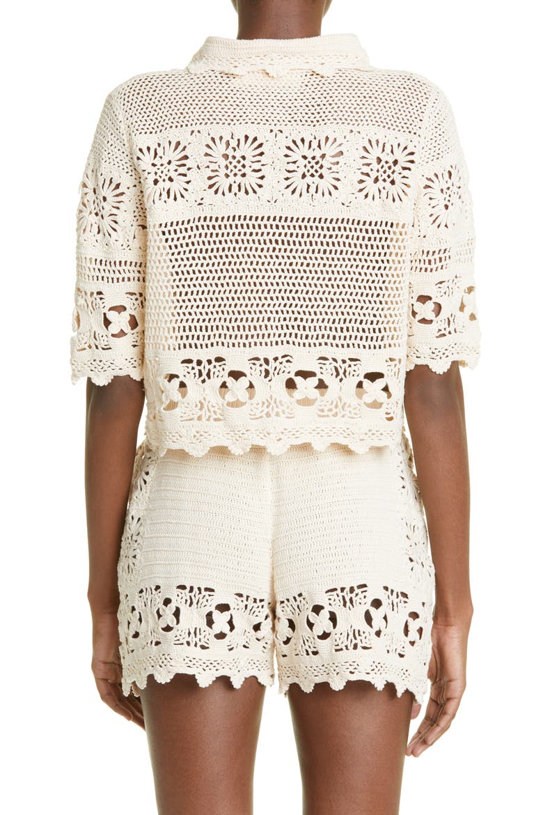Cotton Crochet Crop Button-Up Shirt, Alternate, color, NATURAL