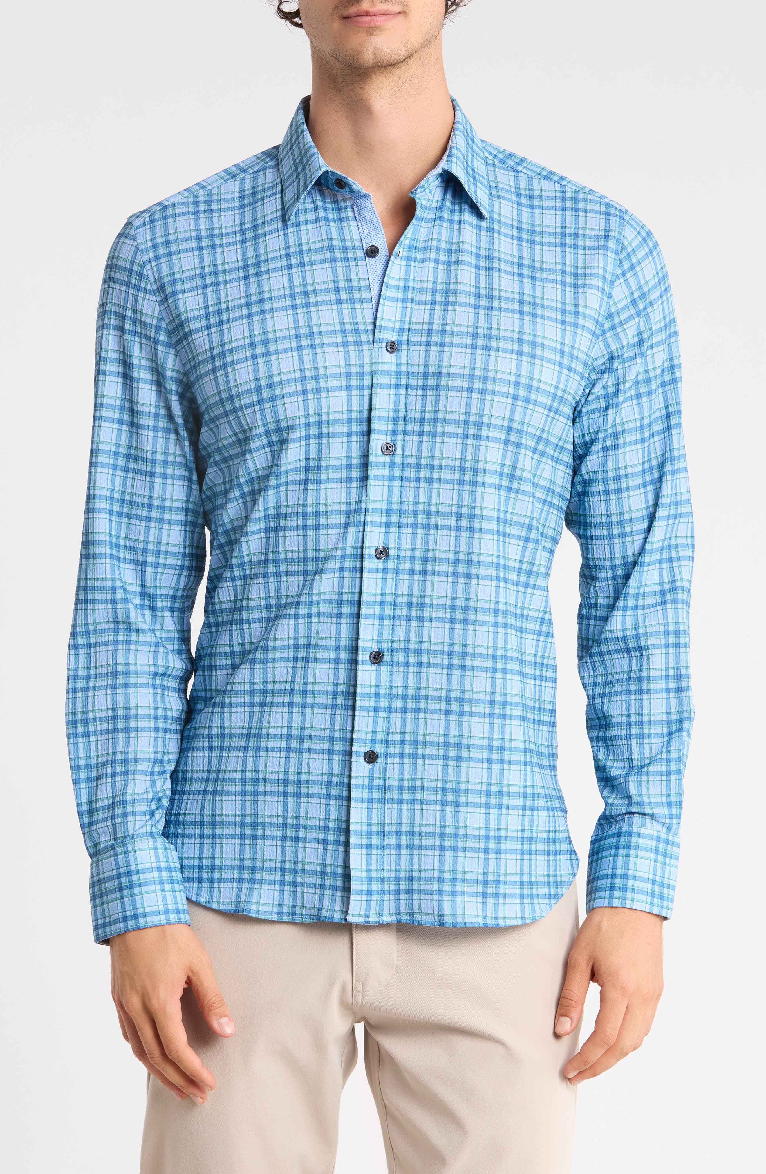 Plaid Seersucker Long Sleeve Button-Up Shirt