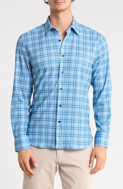 Plaid Seersucker Long Sleeve Button-Up Shirt