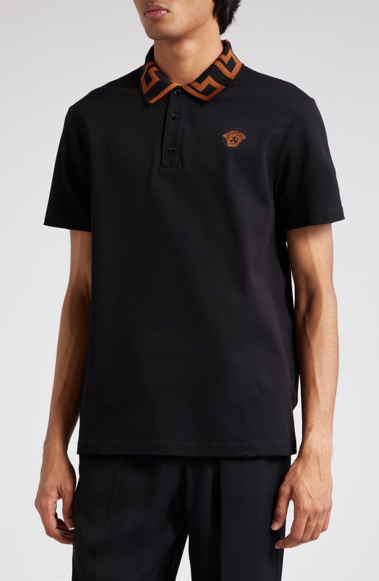 Versace Greca Medusa Patch Cotton Piqué Polo, Main, color, 