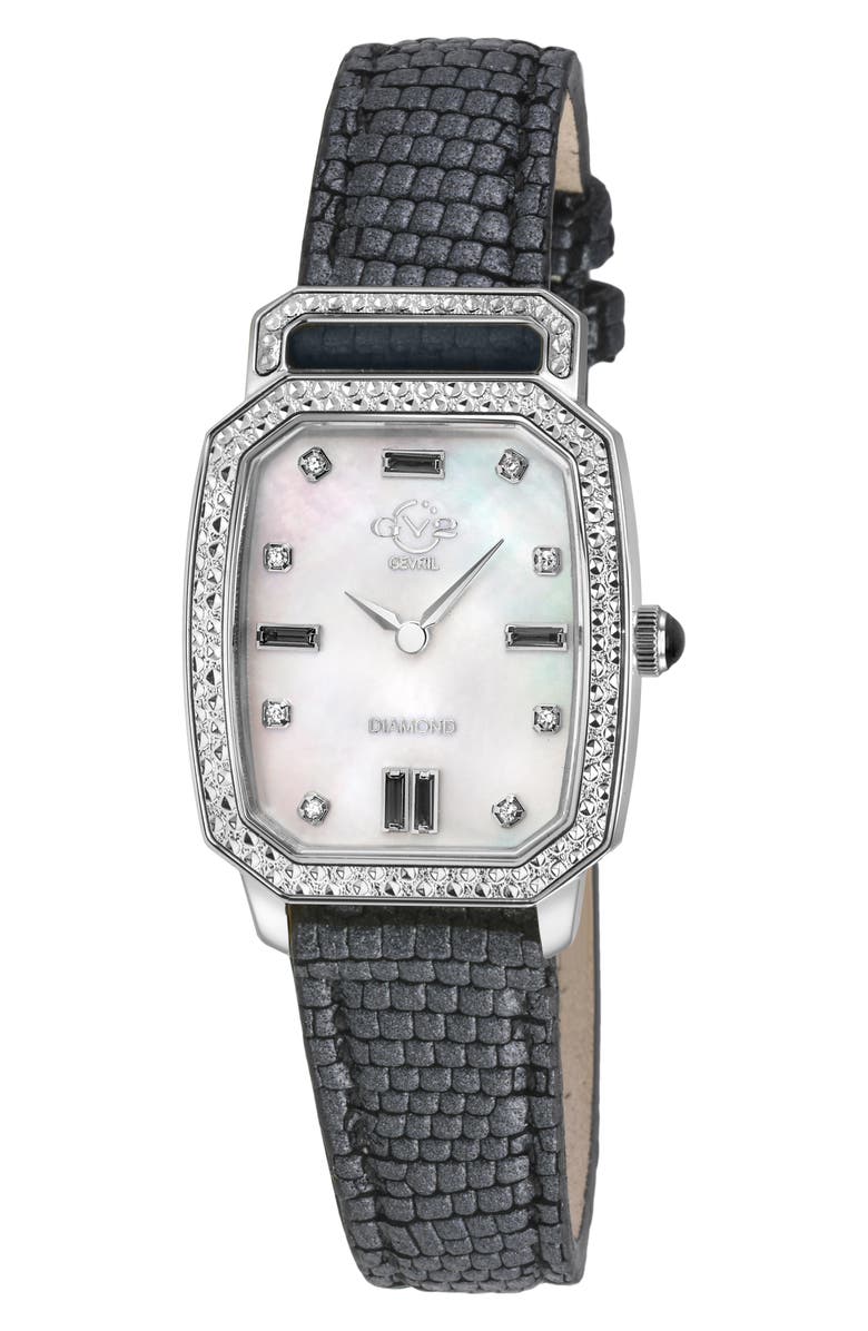 GV2 Pavia Diamond Leather Strap Watch, 25mm x 29mm, Main, color, Black/ Mother Of Pearl