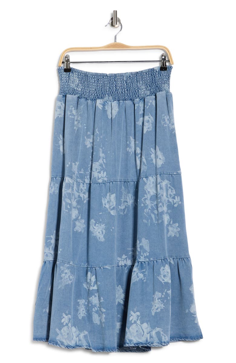 T Tahari Floral Smocked Waist Chambray Maxi Skirt, Main, color, Light Wash Floral Print