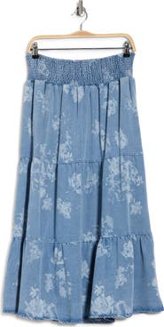 T Tahari Floral Smocked Waist Chambray Maxi Skirt
