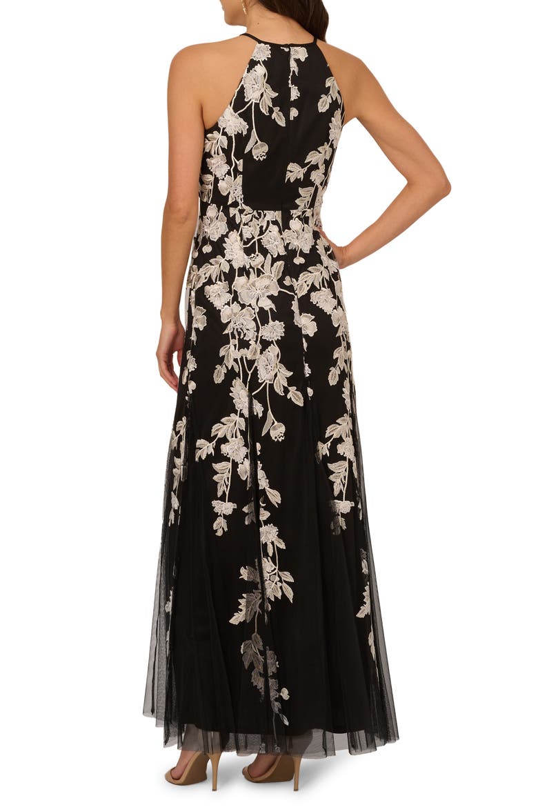 Embroidered Godet Gown, Alternate, color, BLACK/ IVORY