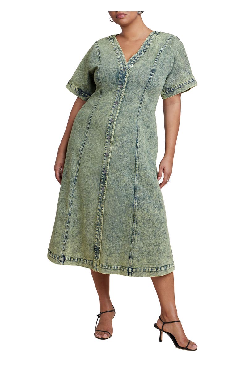 ELOQUII V Neck Flare Denim Dress, Main, color, Green Snow Wash