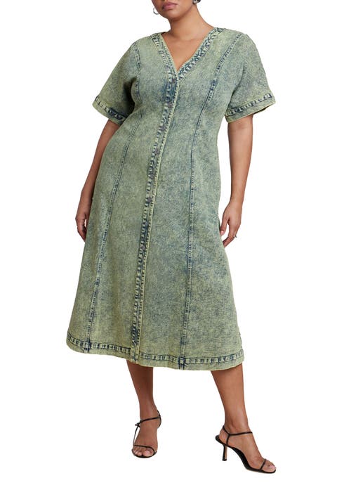 V Neck Flare Denim Dress (Plus)