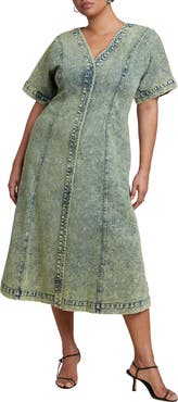 ELOQUII V Neck Flare Denim Dress