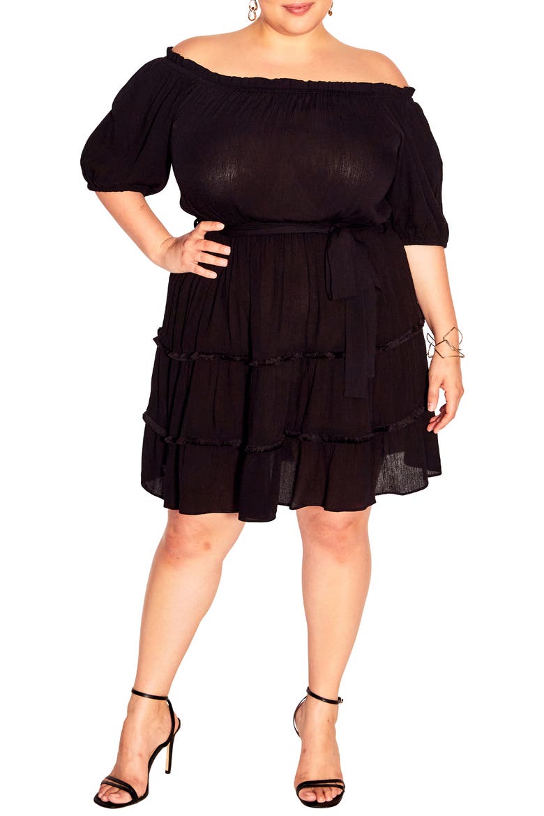 Fiesta Fringe Off the Shoulder Dress, Main, color, BLACK