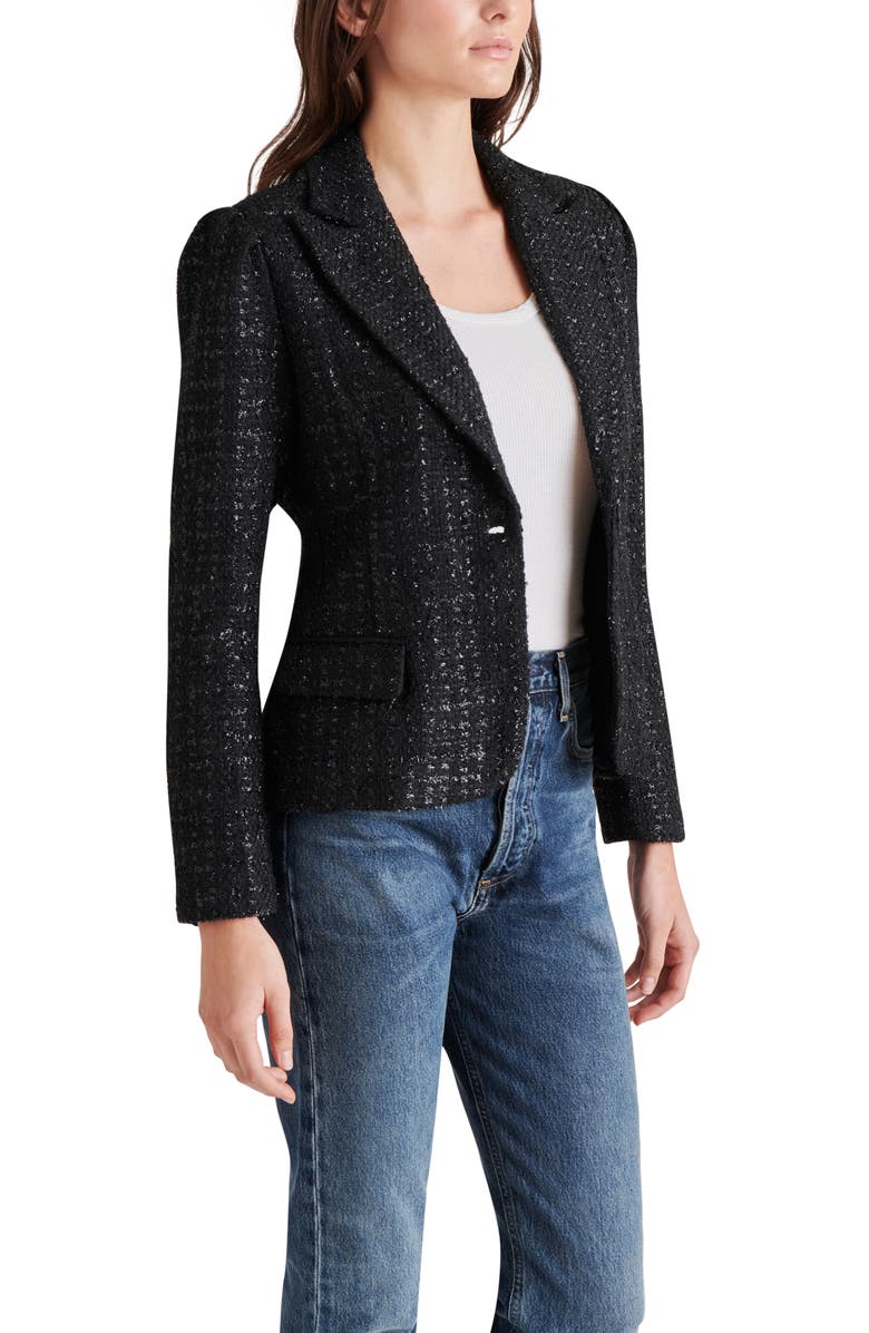 Steve Madden Cinched Tweed Blazer, Alternate, color, Black